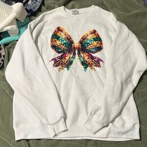 Hanes White Sweater with Multicolor Sequin Bow